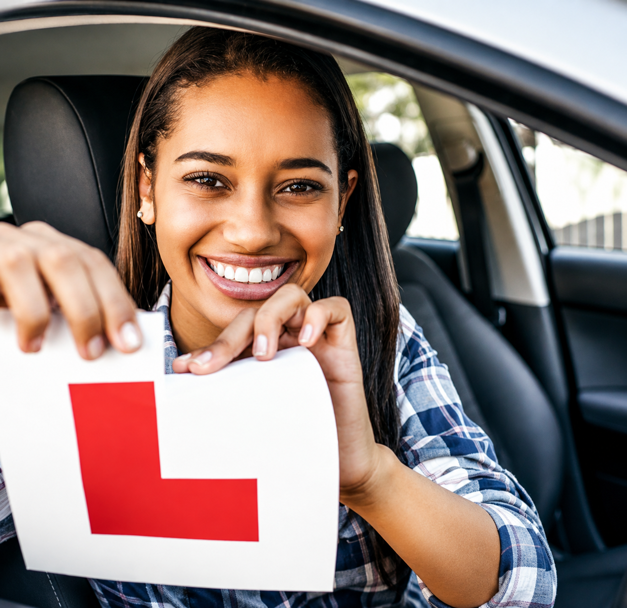 Happy learner driver with L plate after passing her test